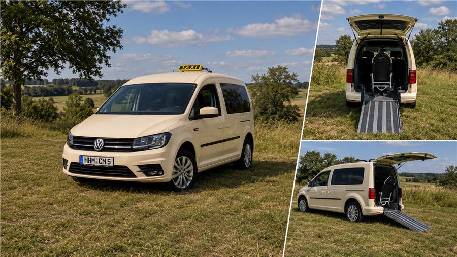 VW Caddy Taxi mit ausgeklappter Rollstuhlrampe