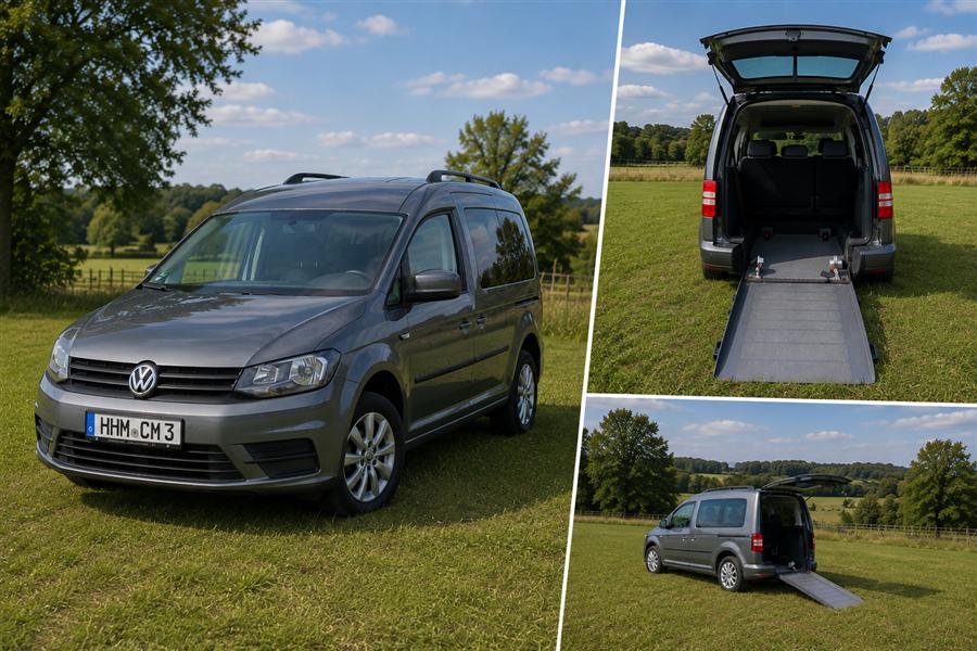 VW Caddy in Grau, unser zweites rollstuhlgerechtes Fahrzeug, mit ausgeklappter Rollstuhlrampe